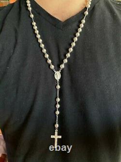 Men's Large Rosary Beads Necklace Solid 925 Sterling Silver Rosario ITALY 8mm