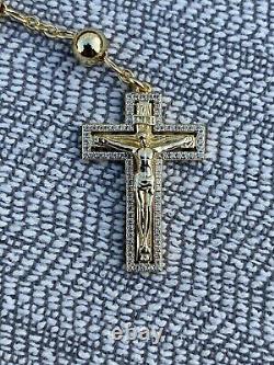 Men's Rosary Beads Necklace 14k Gold Over Real 925 Sterling Silver Rosario Jesus