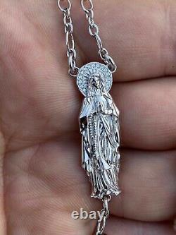Men's Rosary Beads Necklace Real 925 Sterling Silver Rosario Jesus Virgin Piece