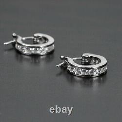 Men's Small White Gold 925 Sterling Silver One Row Iced Huggie Hoop Earrings
