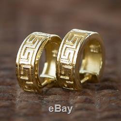 Men's Solid 14k Gold Plated Sterling Silver Small Greek Key Hoop Huggie Earrings