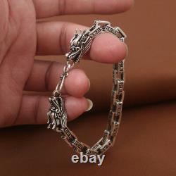 Men's Solid 925 Sterling Silver Bracelet Link Chain Two Dragon Heads Lection