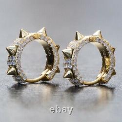 Mens 14K Gold 925 Sterling Silver Fully Iced Cz Small Spike Huggie Hoop Earrings