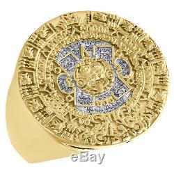 Mens 925 Yellow Sterling Silver Genuine Diamond Aztec Calenda Pinky Ring 1/10 CT