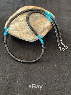 Native American Blue Turquoise Heishi Onyx Sterling Silver Men's Necklace 8823