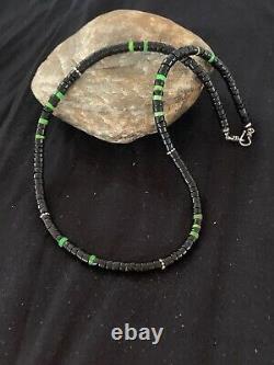 Native American Green Turquoise Heishi Onyx Sterling Silver Men's Necklace 4686