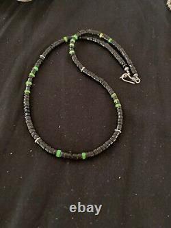 Native American Green Turquoise Heishi Onyx Sterling Silver Men's Necklace 4686