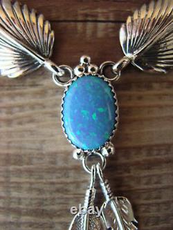 Native American Jewelry Opal Feather Sterling Silver Necklace by V. Betone