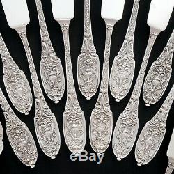 Ornate Antique French Sterling Silver Fish Service 36pc Flatware Set For 18
