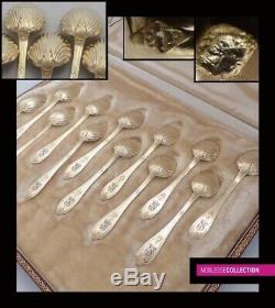 PUIFORCAT ANTIQUE 1880s FRENCH STERLING SILVER/VERMEIL COFFEE SPOONS SET 12pc