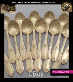 PUIFORCAT ANTIQUE 1880s FRENCH STERLING SILVER/VERMEIL COFFEE SPOONS SET 12pc