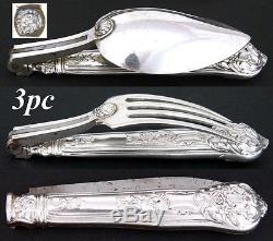 RARE Antique French Sterling Silver 3pc Traveller's Flatware Fork, Spoon, Knife