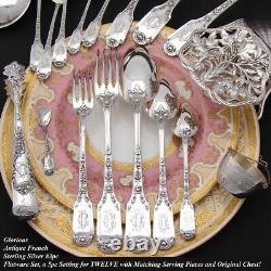 RARE Antique French Sterling Silver 83pc Flatware Set, 5pc for TWELVE in Chest
