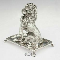 Rare Antique French Sterling Silver Toothpick Holder Lion Figure Coat of Arms