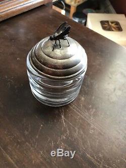 Rare Sterling Silver Honey Pot Bumble Bee Lid Crystal Glass jar