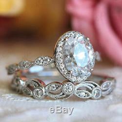 Real 14K White Gold 2.00 Ct Oval Diamond Halo Vintage Engagement Bridal Ring Set