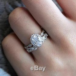 Real 14K White Gold 2.00 Ct Oval Diamond Halo Vintage Engagement Bridal Ring Set