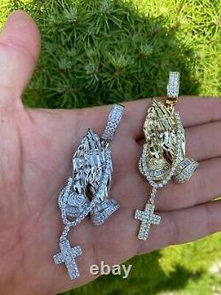 Real 925 Sterling Silver Big 3 Praying Hands Cross Mens Pendant Necklace ICED