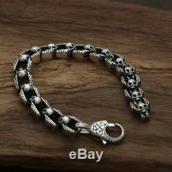Real 925 Sterling Silver Bracelet Link Chain Skull Heavy Men's Length 7.9