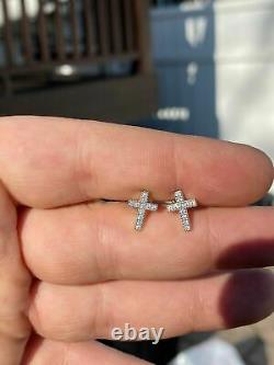 Real 925 Sterling Silver Men Ladies Cross Earrings Screw-back Stud Round Diamond