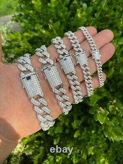 Real Miami Cuban Link Bracelet Iced Diamond Out Solid 925 Sterling Silver HEAVY