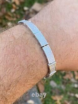 Real Solid 925 Sterling Silver Mens Iced Flooded Out Bracelet Diamond Hip Hop
