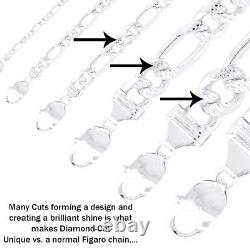 Real Sterling Silver Mens Diamond Cut Figaro Chain Necklace 925 Italy Stamp