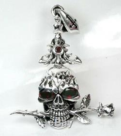 Red Eye Skull & Rose Tattoo Sterling Silver Mens Pendant Skull Necklace Jewelry