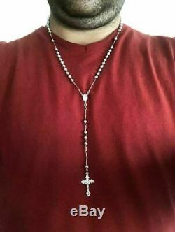 Rosary Beads Necklace 24 Solid 925 Sterling Silver Italy Mens Womens Rosario