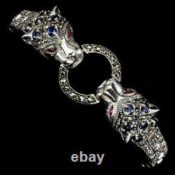 Round Sapphire Ruby Marcasite 925 Sterling Silver Pairs Tiger Bracelet 7.5inches