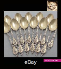 SOUFFLOT ANTIQUE 1880s FRENCH STERLING SILVER & VERMEIL COFFEE SPOONS SET 12 pc