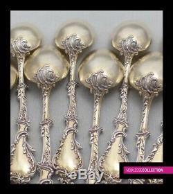 SOUFFLOT ANTIQUE 1880s FRENCH STERLING SILVER & VERMEIL COFFEE SPOONS SET 12 pc