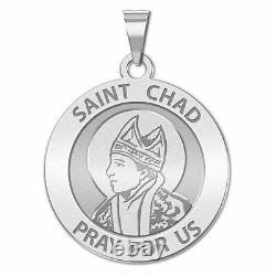 Saint Chad Round Religious Medal Solid 14K Yellow, White Gold, Sterling Silver