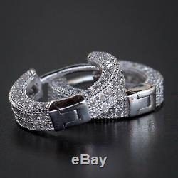 Small White Gold 925 Sterling Silver Men's Lab Diamond Iced Cuff Hoop Earrings