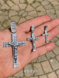 Solid 925 Sterling Silver Cross W. Jesus Pendant Baguette Iced Diamond Necklace