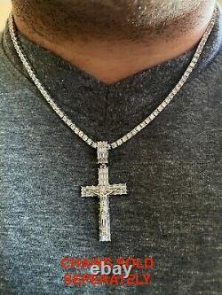 Solid 925 Sterling Silver Cross W. Jesus Pendant Baguette Iced Diamond Necklace