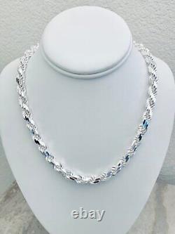 Solid 925 Sterling Silver Italian Rope Chain Mens Necklace 8mm Diamond Cut