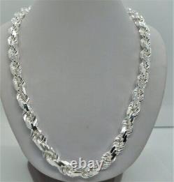 Solid 925 Sterling Silver Italian Rope Chain Mens Necklace 9mm Diamond Cut