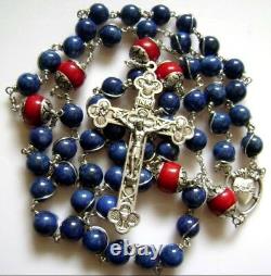 Sterling 925 Silver Lapis lazuli Beads Rosary CROSS CRUCIFIX CATHOLIC NECKLACE