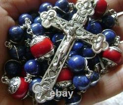 Sterling 925 Silver Lapis lazuli Beads Rosary CROSS CRUCIFIX CATHOLIC NECKLACE