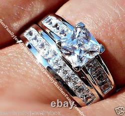 Sterling Silver 14k White Gold Princess cut Diamond Engagement Ring Wedding Set
