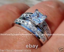 Sterling Silver 14k White Gold Princess cut Diamond Engagement Ring Wedding Set