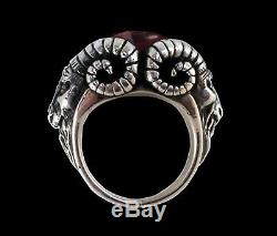 Sterling Silver Bighorn Baphomet Garnet Ring -All Sizes- Goat Ram Devil Lucifer