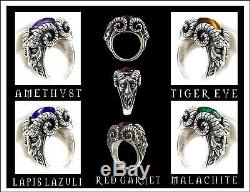 Sterling Silver Bighorn Baphomet Garnet Ring -All Sizes- Goat Ram Devil Lucifer
