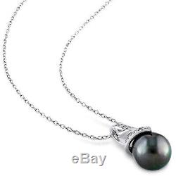 Sterling Silver Diamond 9-10 mm Black Tahitian Pearl Swirled Pendant Necklace 18