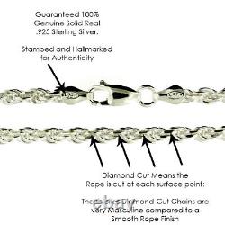 Sterling Silver Diamond Cut Rope Chain Mens Bracelet or Necklace Rhodium Finish