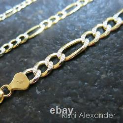 Sterling Silver Gold-Plated Pave Diamond Cut Figaro Mens Bracelet or Necklace