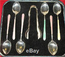 Sterling Silver & Guilloche Enamel Spoons set 6 & sugar thongs Birmingham 1932