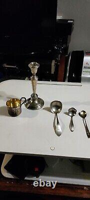 Sterling Silver Spoon Lot 5 3 spoons, cup and Candle holder