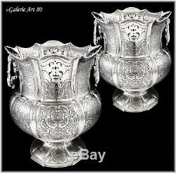Stunning Large PAIR of Antique Sterling Silver Champagne / Wine Coolers